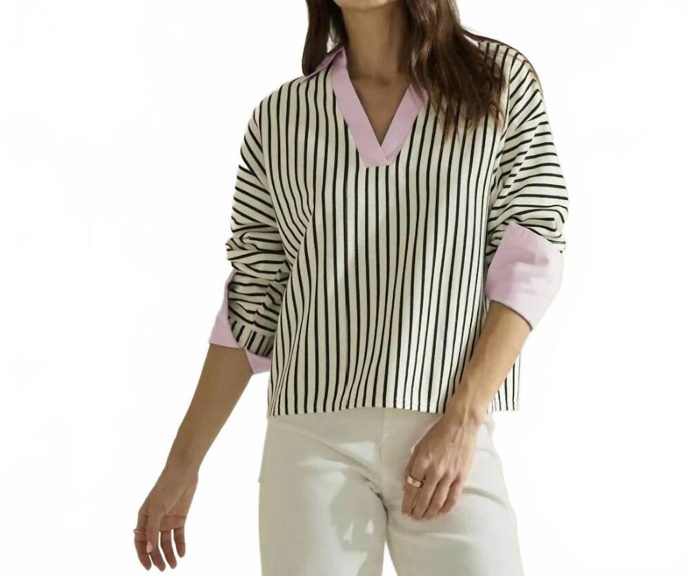 NEW ABLE striped top with contrast neck and cuffs in ivory/pink